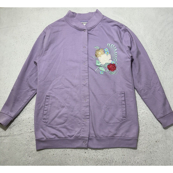 CW Classics Women's Large Snap Button Grandma Cardigan Sweater Lavender Floral - Picture 1 of 11